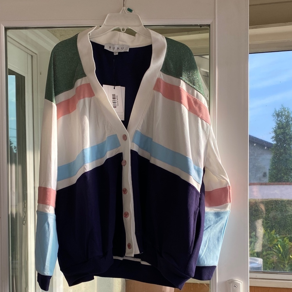 BURU COLOR BLOCK NEW With TAGS Navy Green Pink & White Tennis Cardigan Sz 1X 2X